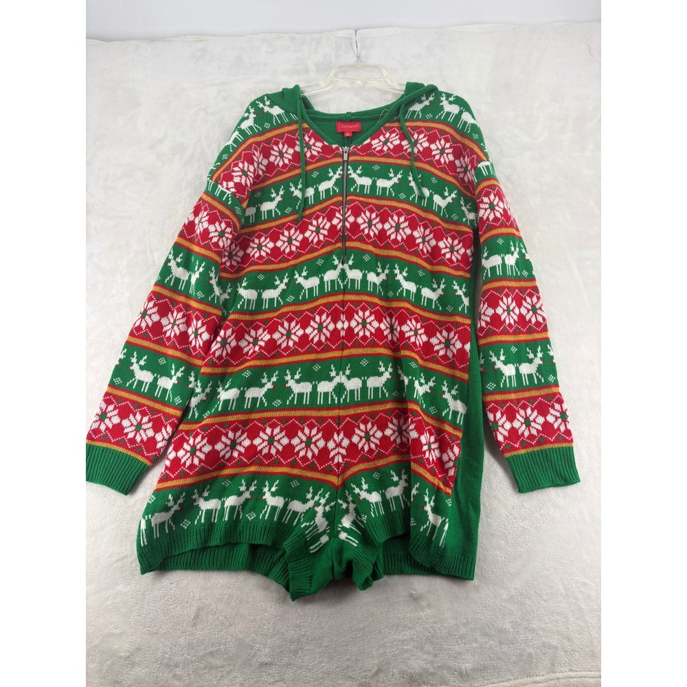 Joyland Womens Romper XL Green Fair Isle Reindeer Hooded Zip Christmas
